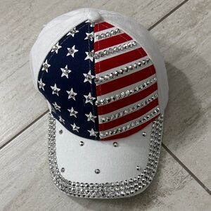 Coco + Carmen White ladies Cap with Red & Blue Flag Design and Rhinestones.nwt